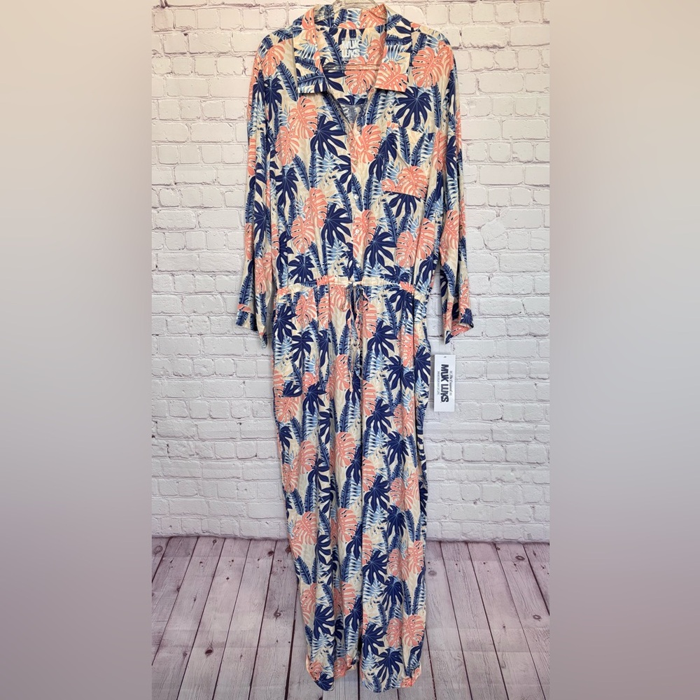 MUK LUKS Long Sleeve Wide Leg Tropical Print Utility Jumpsuit--NWT--2X - Picture 2 of 16